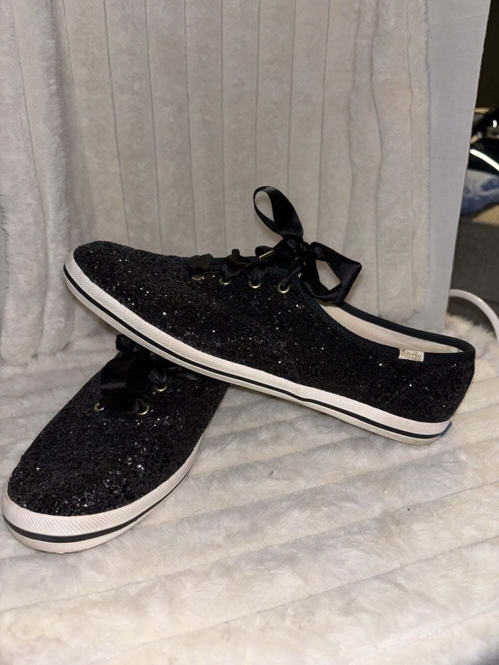 Kate Spade Keds collab Black Glitter Lace-Up Ribbon Sneakers Womens Sz 9